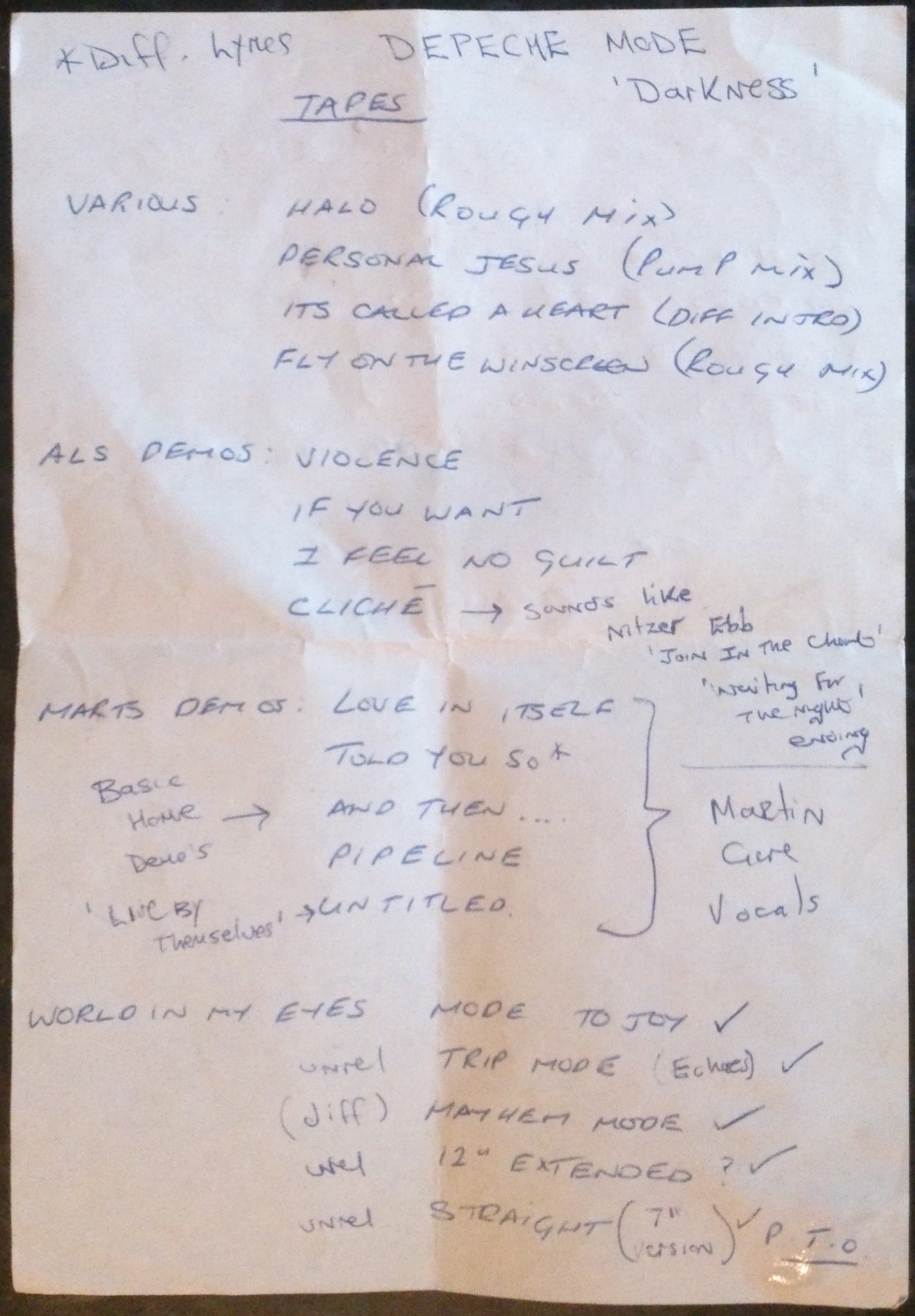 Handritten information sheet detailing contents of the tape that contained these tracks.
